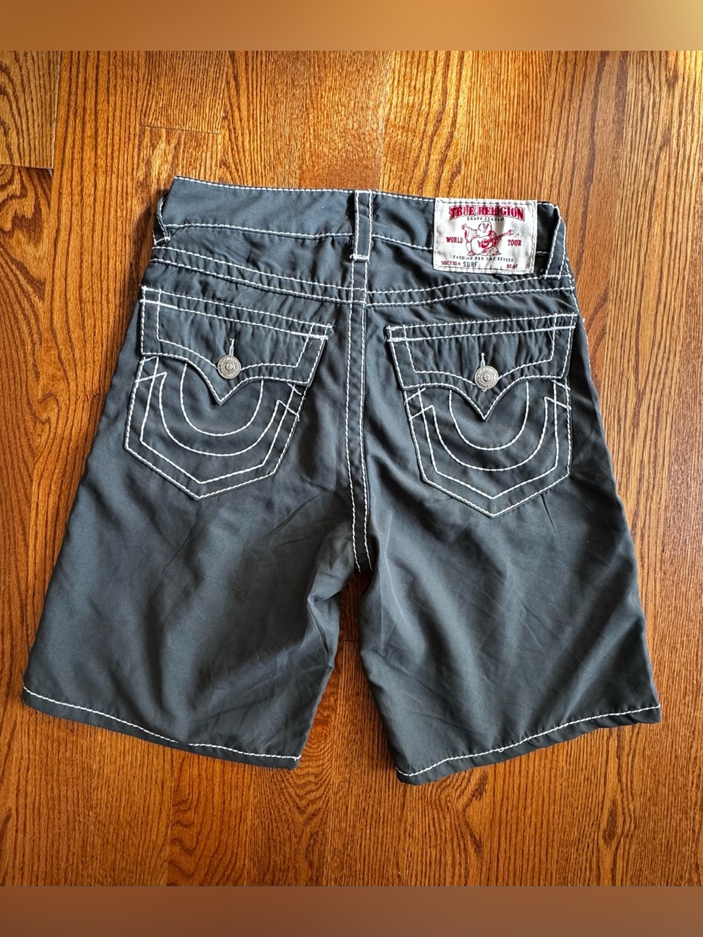 True Religion World Tour Board Shorts Mens 32 Gray White Stitch Swim Surf Y2K